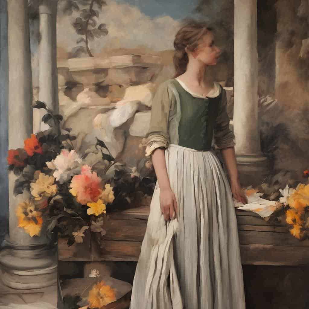 Απλή γυναίκα σε κλασικό τοπίο με λουλούδια, εκφράζει την ομορφιά της απλότητας και της εσωτερικής γαλήνης.