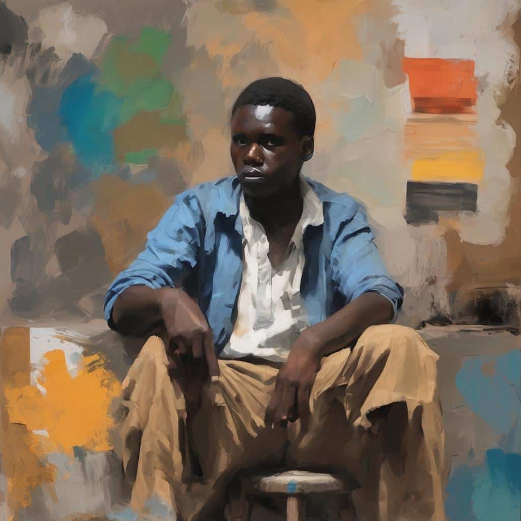 Ζεστός νεαρός άνδρας με σκούρο δέρμα σε καρέκλα, φορώντας τζιν και λευκό πουκάμισο, σε μπλοκ ζωγραφικής με αφηρημένα χρώματα, αποπνέει απλότητα και εκφραστικότητα, αναδεικνύοντας την τέχνη της απλότητας.