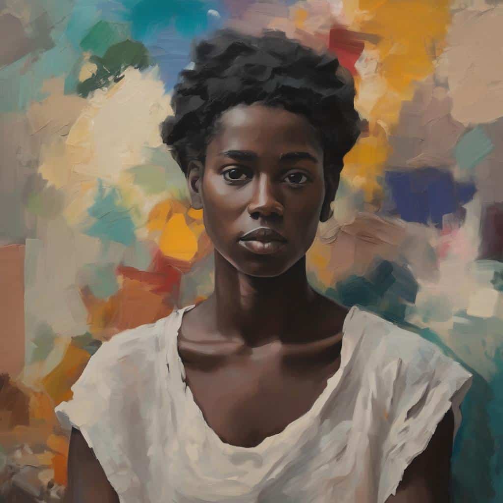 Ανθρώπινη πορτρέτο γυναίκας με ουδέτερες αποχρώσεις και αφηρημένο φόντο, αναδεικνύοντας την απλότητα και την έκφραση μέσω της τέχνης.