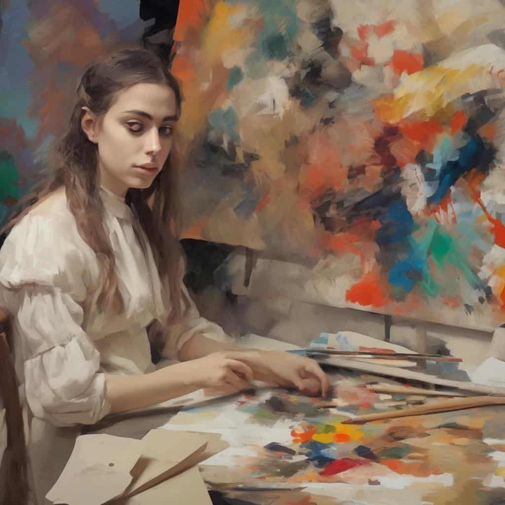 Ανθρώπινη μορφή γυναίκας που ζωγραφίζει σε καμβά με πολύχρωμα, αφηρημένα μοτίβα, εκφράζοντας την απλότητα ως μορφή έκφρασης στην τέχνη.